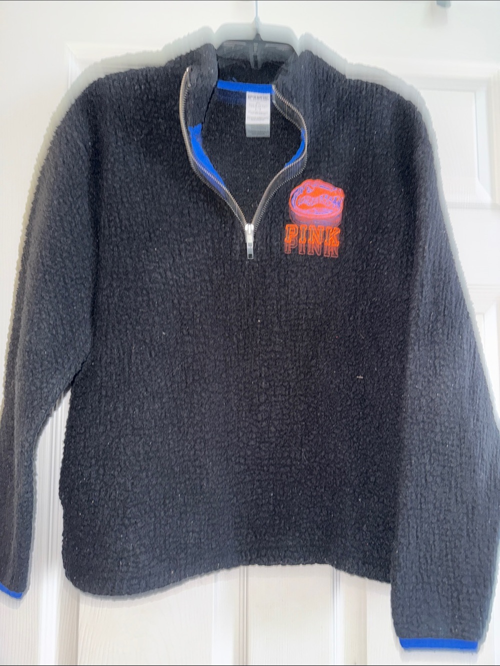 PINK Victoria's Secret Men's Black Sherpa Half-Zip with Orange Logo